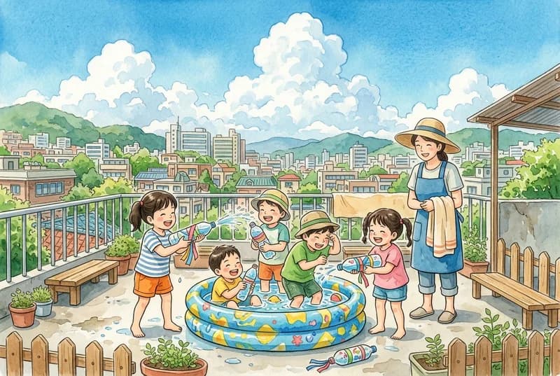 옥상에서 꾸민 페트병 물총으로 물놀이하는 한여름 (AI로 만든 그림)