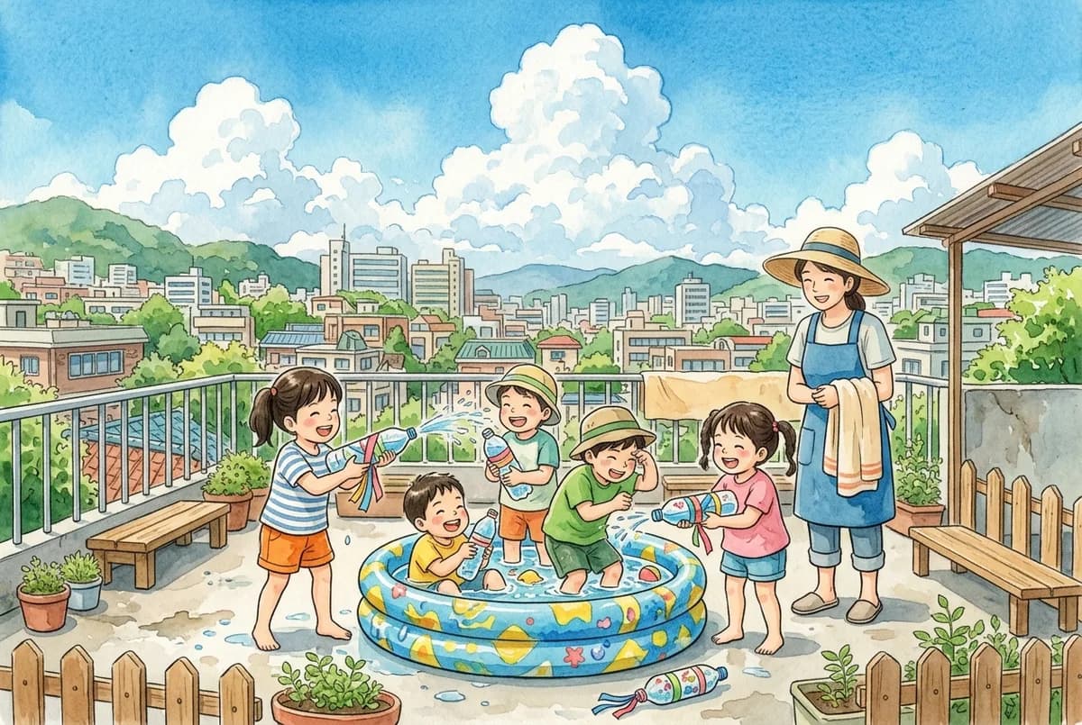 옥상에서 꾸민 페트병 물총으로 물놀이하는 한여름 (AI로 만든 그림)
