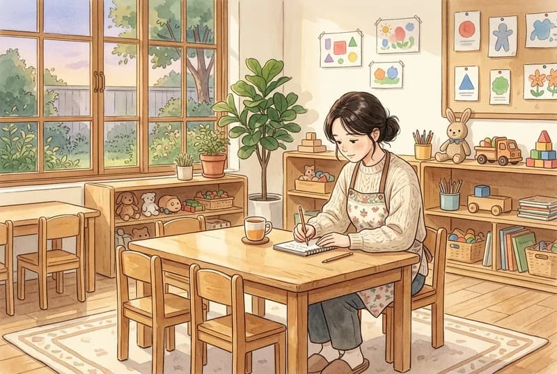 하원 무렵 조용한 교실에서 선생님이 낮은 책상에 앉아 알림장을 쓰는 오후 (AI로 만든 그림)