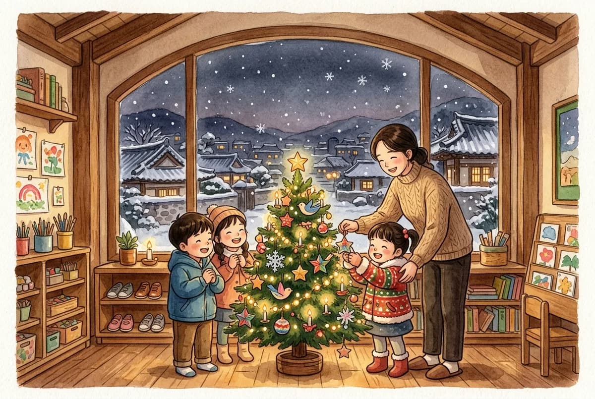 눈 내리는 창가, 아이들이 만든 장식을 건 작은 트리 (AI로 만든 그림)