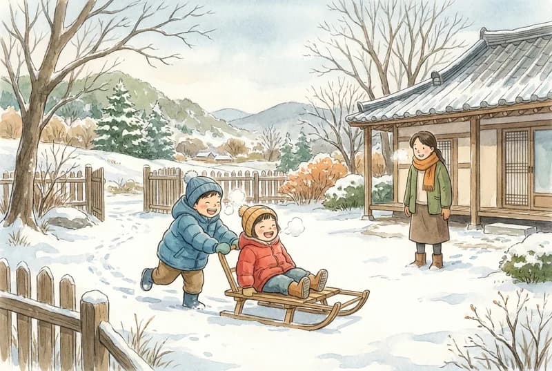 눈 쌓인 마당에서 친구를 썰매에 태워 밀어 주는 오후 (AI로 만든 그림)