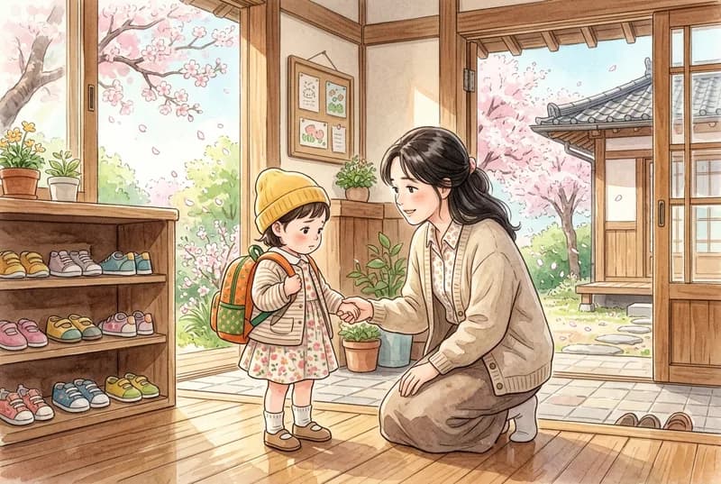봄볕 드는 현관에서 선생님이 무릎을 굽혀 새로 온 아이와 손을 잡는 아침 (AI로 만든 그림)