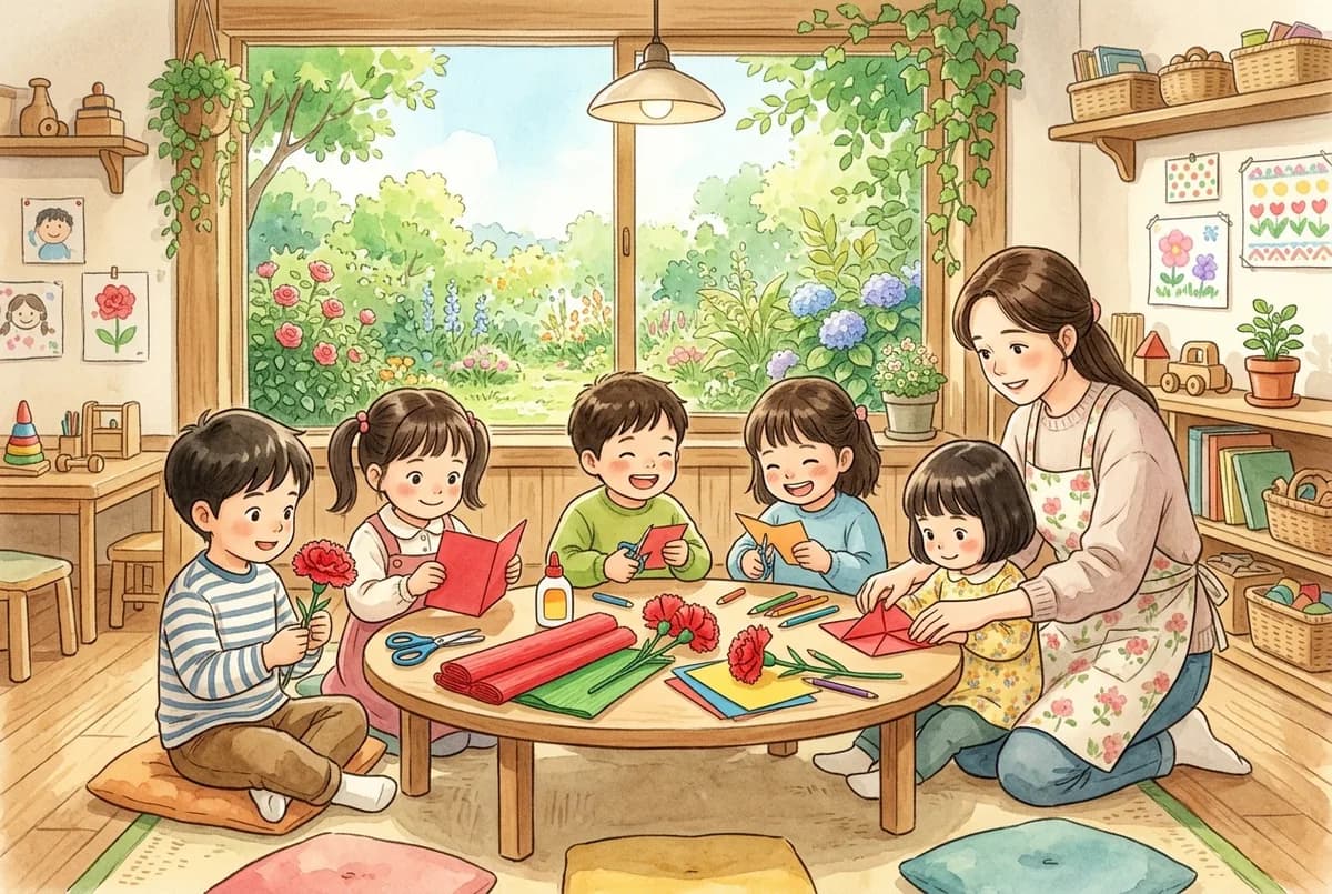 색종이 카네이션과 카드를 함께 만드는 화사한 교실 (AI로 만든 그림)