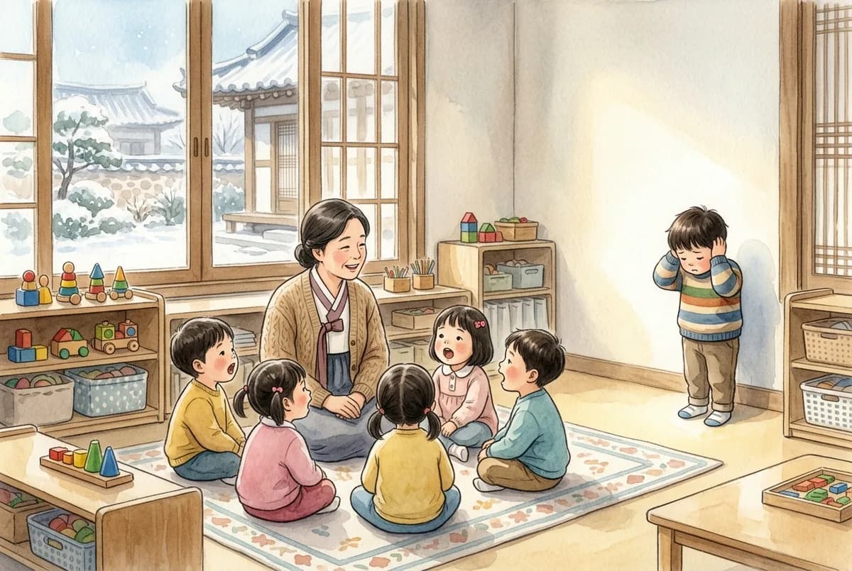 겨울 아침 어린이집 교실에서 친구들이 둥글게 앉아 노래하는 동안 구석에서 두 손으로 귀를 막고 선 만 3세 아이 (AI로 만든 그림)