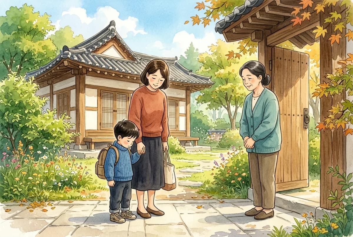 초가을 아침 유치원 현관 앞에서 엄마 손을 잡고 신발 끝을 내려다보는 만 4세 아이와 조금 떨어져 웃으며 기다리는 원장 선생님 (AI로 만든 그림)