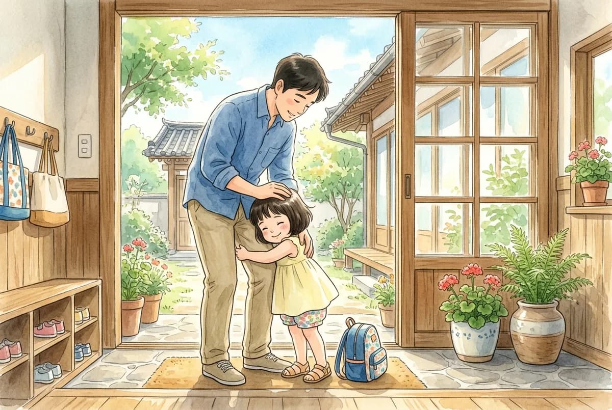 여름 아침 어린이집 현관에서 아빠 다리를 두 팔로 끌어안은 만 3세 아이와 몸을 숙여 머리를 쓰다듬는 아빠 (AI로 만든 그림)