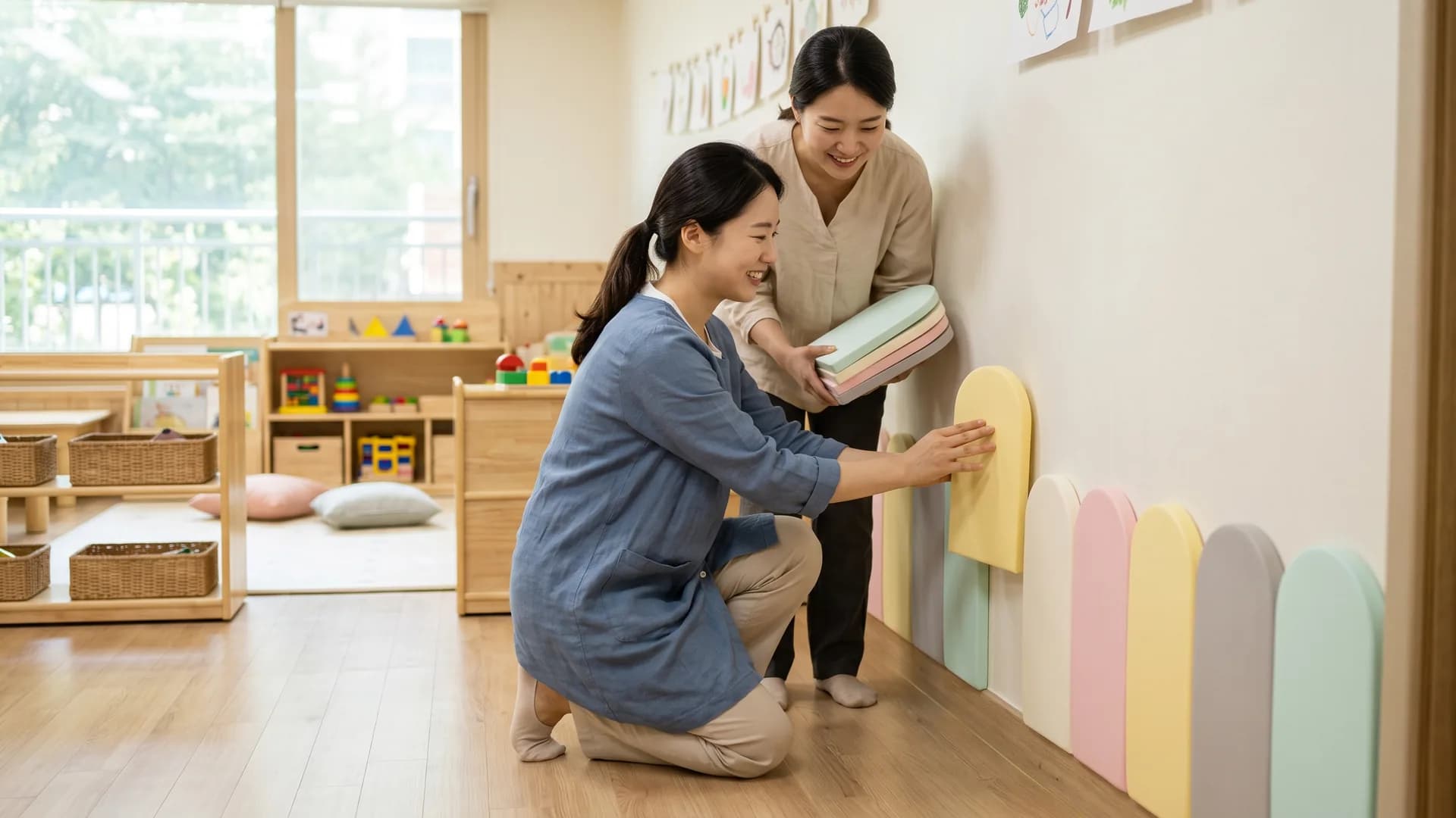 어린이집 선생님 두 분이 웃으며 교실 벽 아래에 파스텔 색 울타리 장식을 붙이는 모습