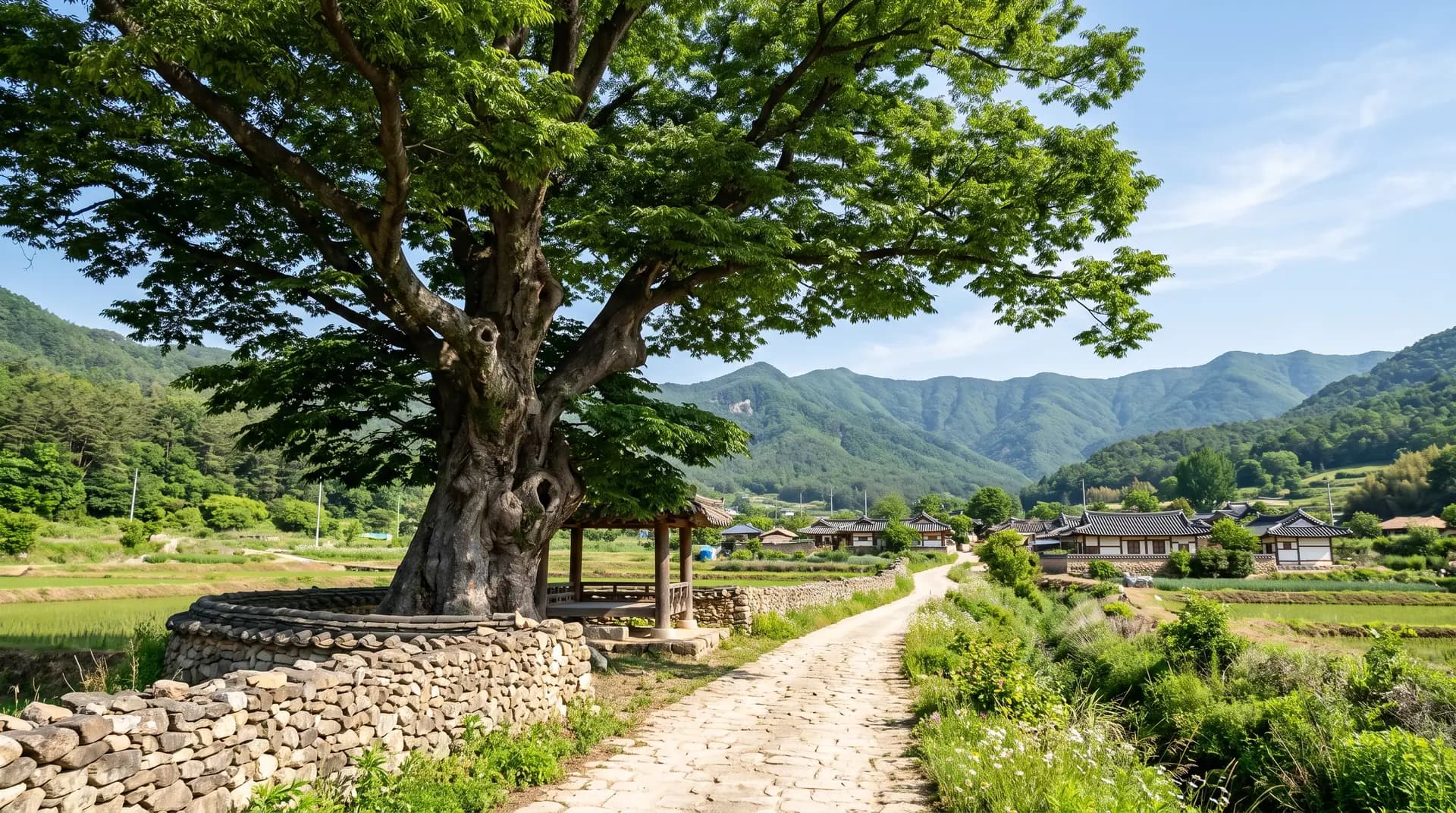 마을 어귀 큰 나무 아래 나무 산책길 입구 장면(AI로 만든 그림)