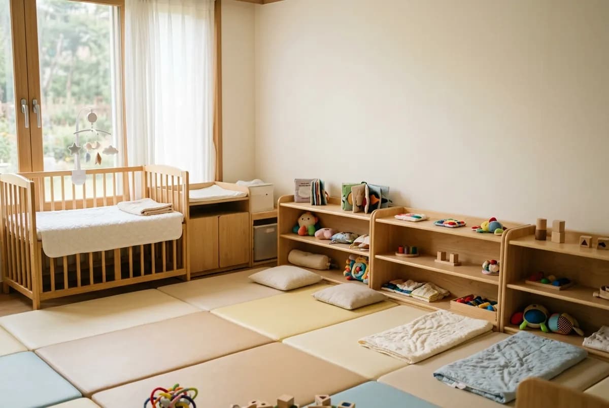어린이집 영아반 교실, 낮은 나무 선반과 놀이 매트, 창가에 놓인 아기 침대가 있는 밝은 실내