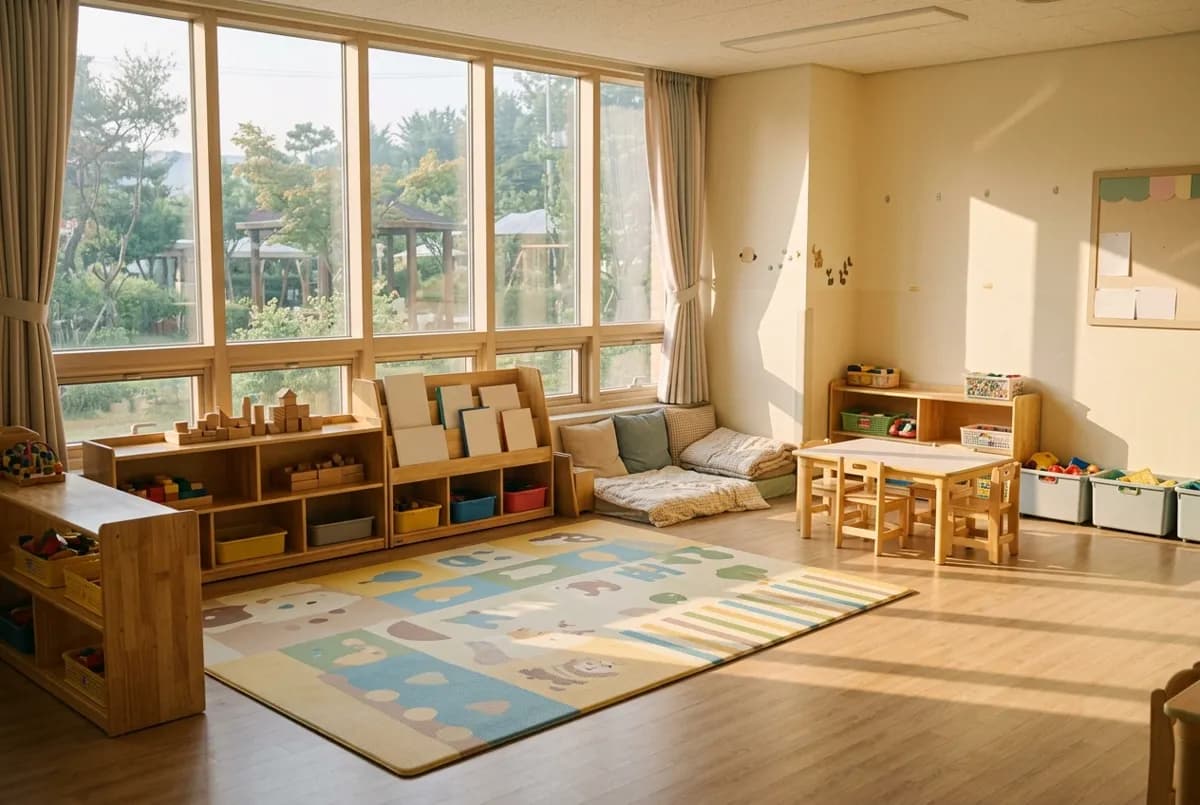 이른 아침 햇살이 길게 드는 어린이집 놀이 공간, 놀이 매트와 낮은 수납장이 놓인 넓은 실내