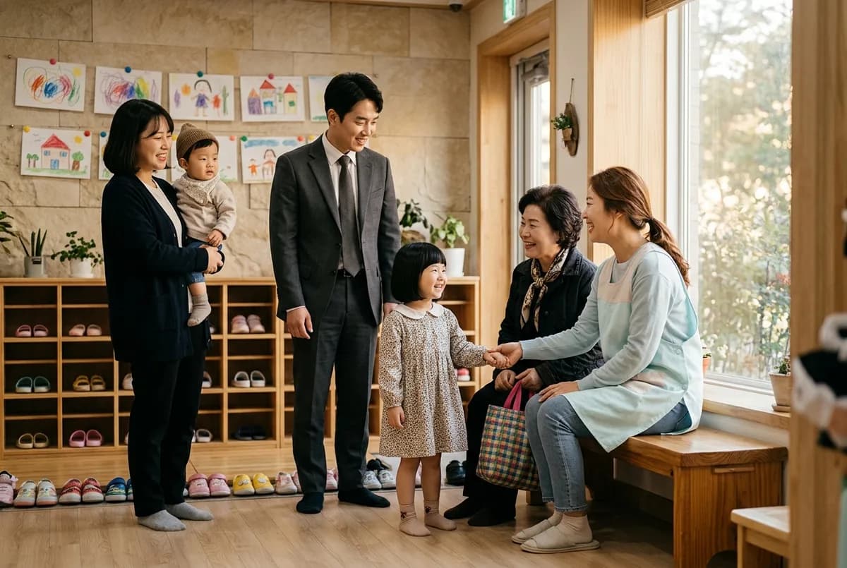 어린이집 현관에서 선생님이 여러 모습의 보호자들을 반갑게 맞이하는 장면 (AI로 만든 연출 사진)