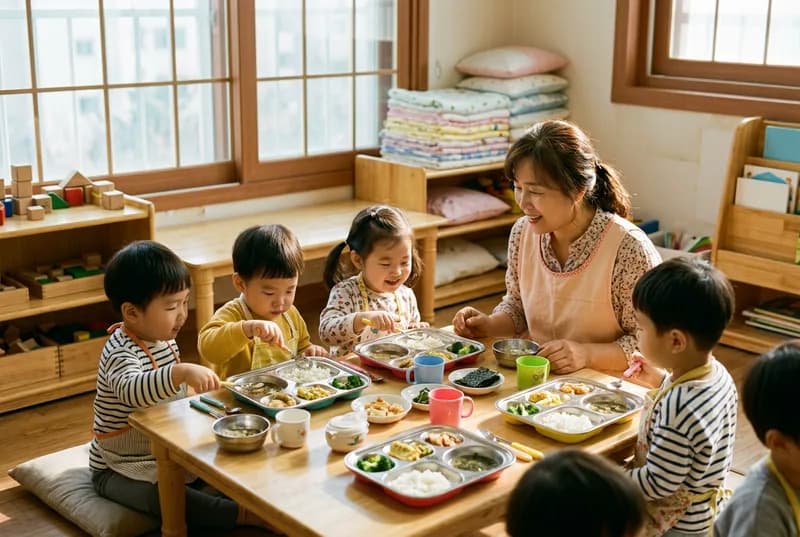 점심 시간 낮은 식탁에서 아이들이 스스로 밥을 먹고 선생님이 지켜보는 장면 (AI로 만든 연출 사진)
