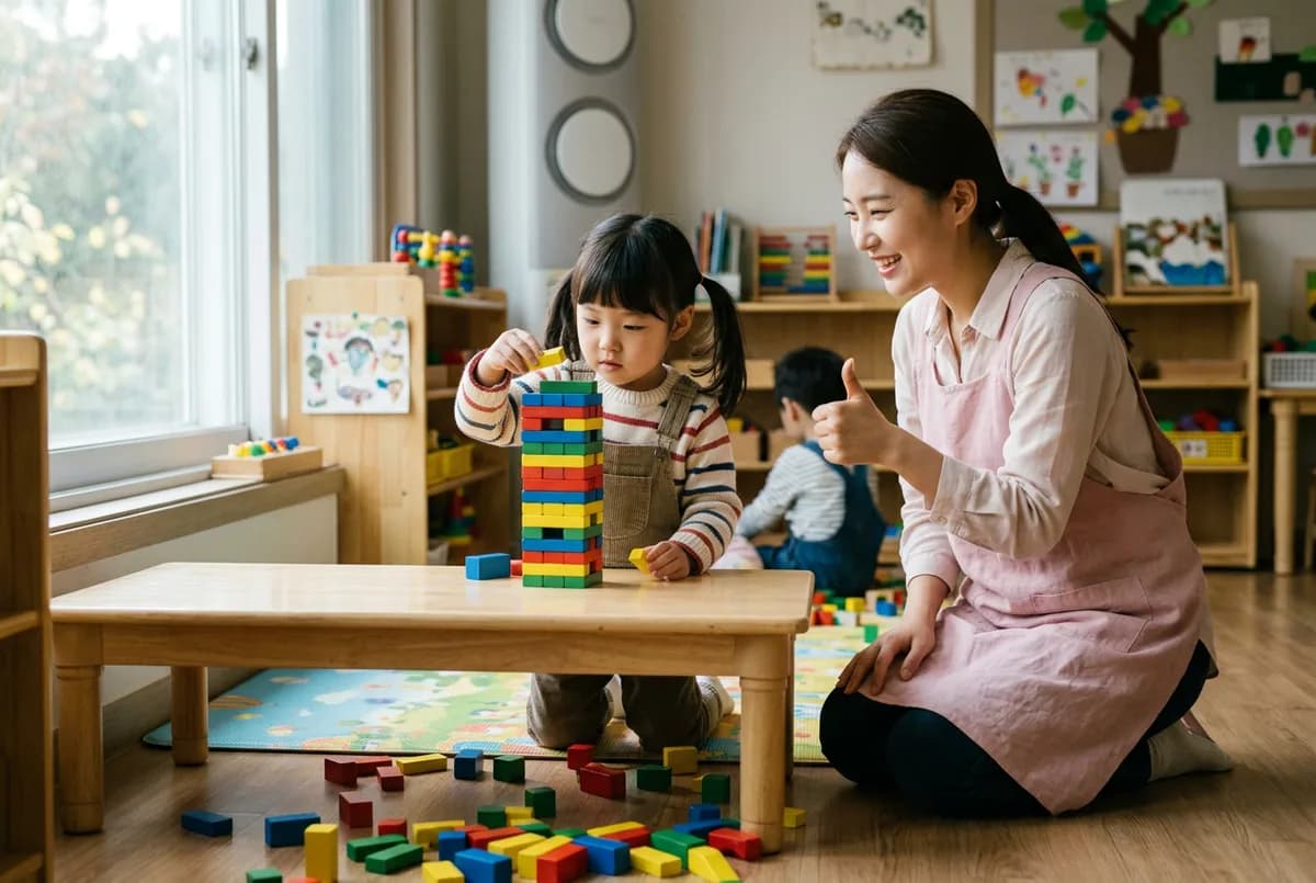아이가 블록 탑을 다시 쌓고 선생님이 엄지를 세워 응원하는 장면 (AI로 만든 연출 사진)