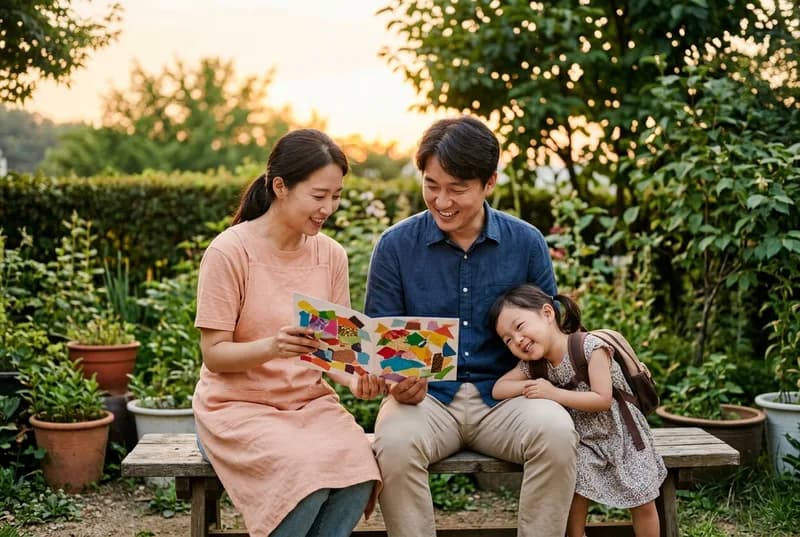 하원 시간 현관 벤치에서 선생님과 아빠가 아이 작품을 함께 보는 장면 (AI로 만든 연출 사진)