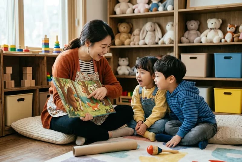 선생님이 그림책의 동물을 가리키고 두 아이가 이름을 말하려는 장면 (AI로 만든 연출 사진)