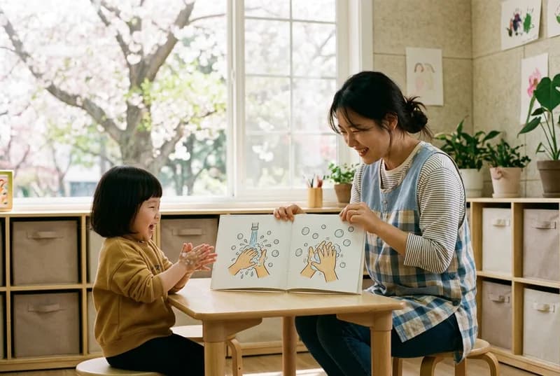 선생님과 아이가 낮은 책상에서 손 씻기 그림책을 함께 보는 장면 (AI로 만든 연출 사진)