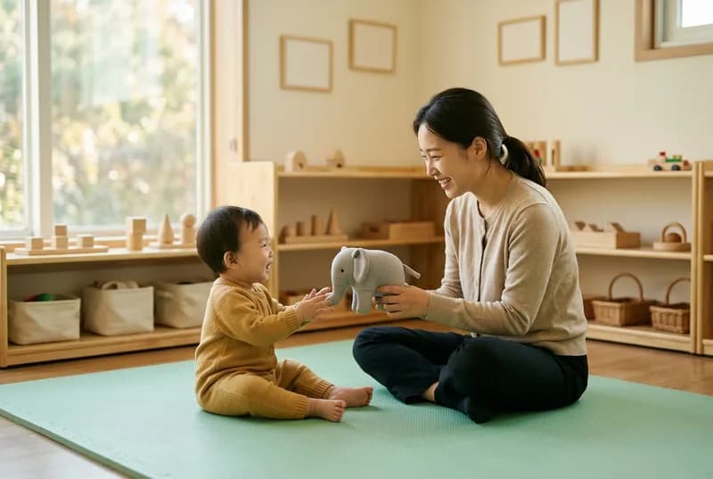 햇살 드는 보육실 매트 위에서 선생님이 코끼리 인형을 내밀자 영아가 두 손을 뻗으며 웃는 모습 (AI로 만든 연출 사진)