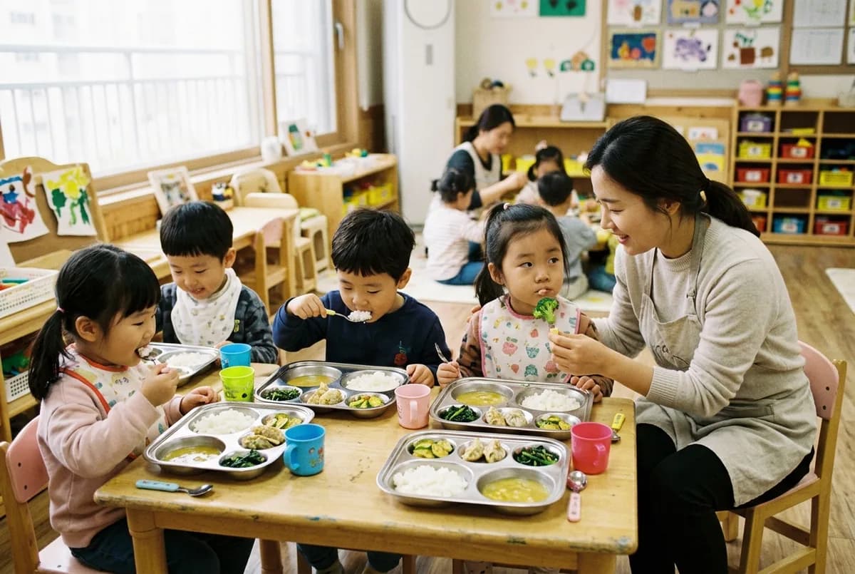 낮은 책상에서 아이들이 식판의 밥과 반찬을 먹고, 앞치마를 두른 선생님이 여자아이에게 브로콜리를 건네는 장면 (AI로 만든 연출 사진)