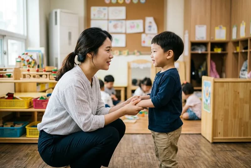보육실에서 선생님이 무릎을 굽혀 아이 눈높이로 앉아 남자아이의 두 손을 잡고 눈을 맞추는 모습 (AI로 만든 연출 사진)