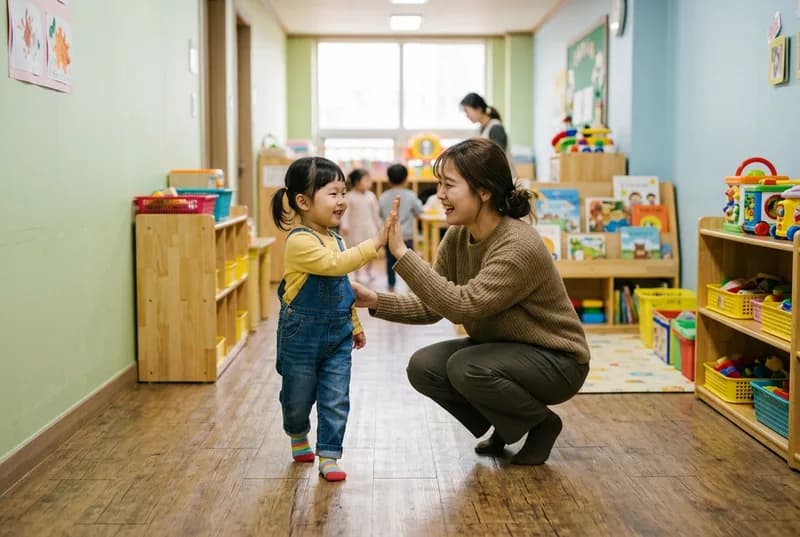 보육실 복도에서 멜빵바지를 입은 여자아이와 쪼그려 앉은 선생님이 웃으며 손바닥을 마주치는 장면 (AI로 만든 연출 사진)