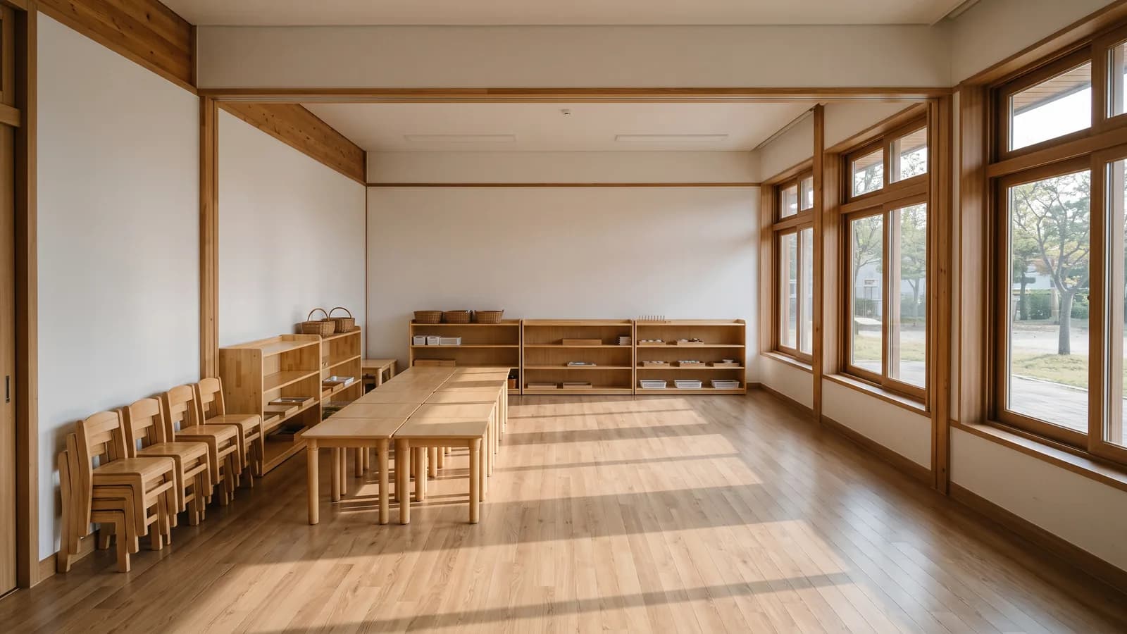 아침 햇살이 바닥에 길게 드는 텅 빈 어린이집 교실. 벽에는 아무 장식도 걸려 있지 않고 나무 책상과 의자만 놓여 있다