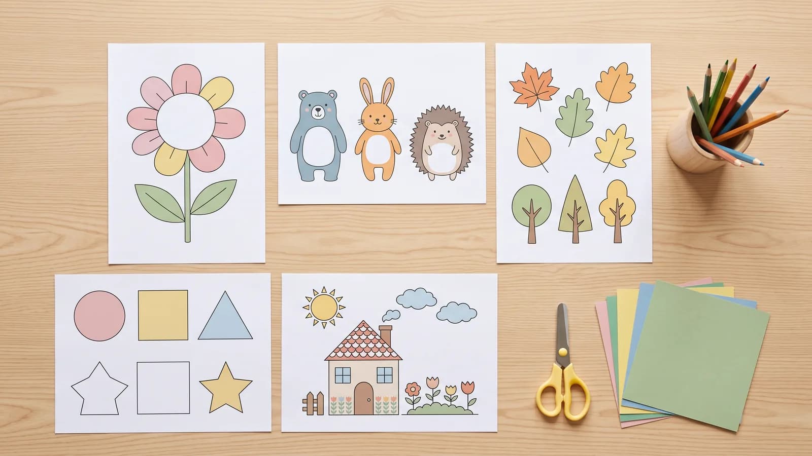 나무 책상 위에 가지런히 놓인 인쇄된 도안 시트 다섯 장과 색연필, 가위, 색종이