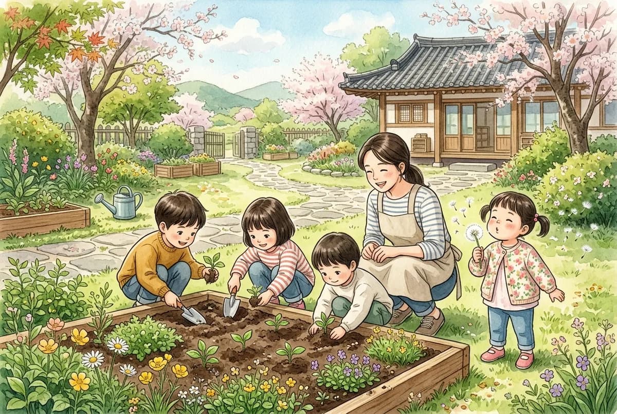 화단에서 모종을 심고 민들레 씨앗을 불어 날리는 봄 오후 (AI로 만든 그림)