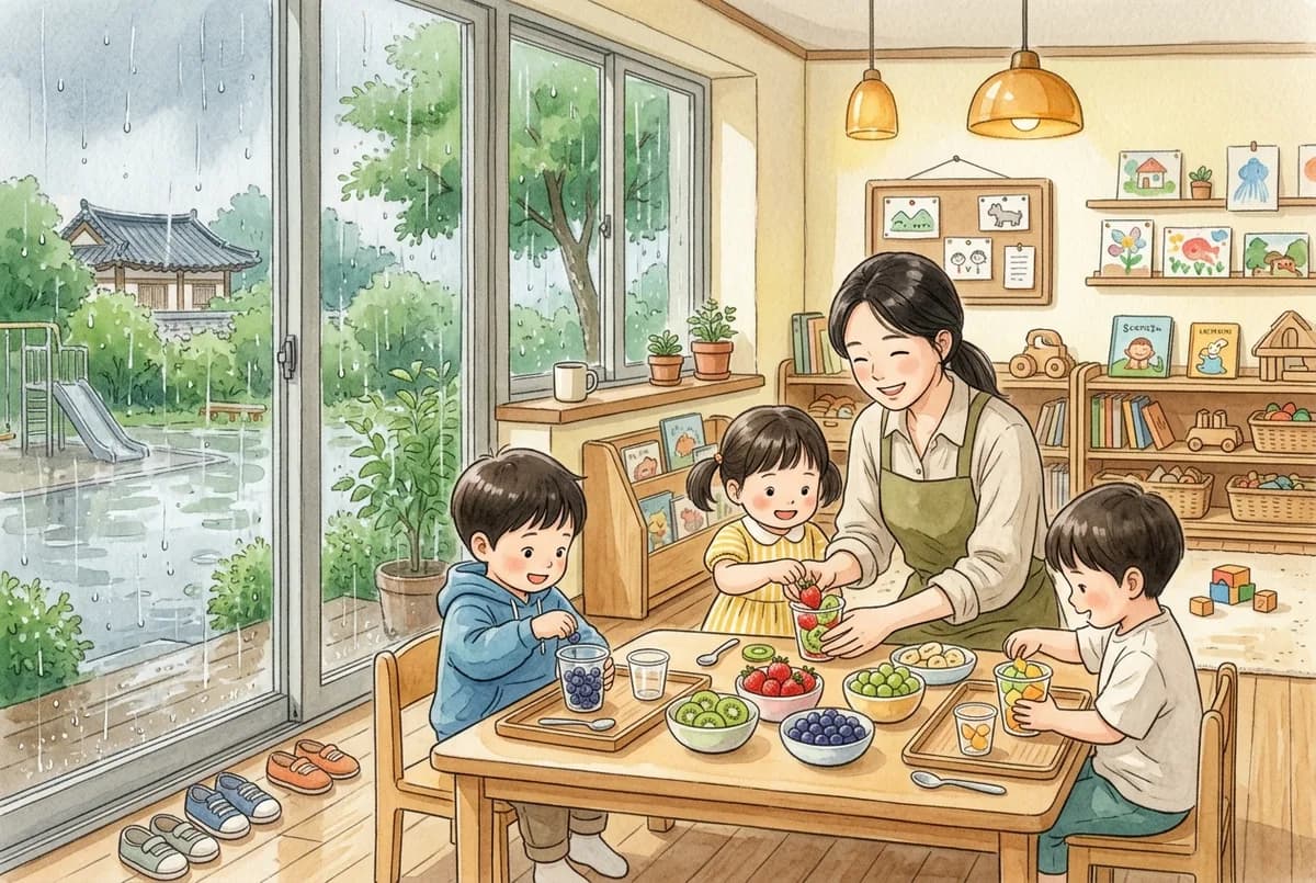 빗방울 맺힌 창가에서 과일 컵을 만드는 실내 활동 (AI로 만든 그림)