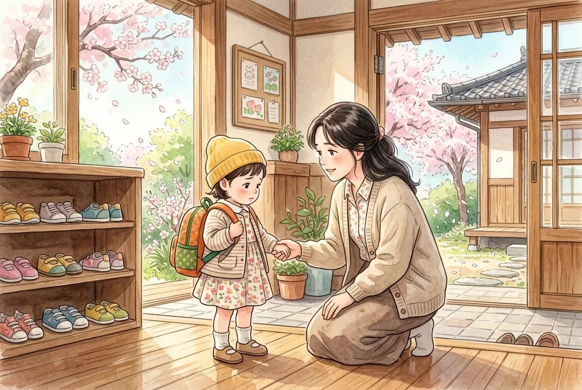 봄볕 드는 현관에서 선생님이 무릎을 굽혀 새로 온 아이와 손을 잡는 아침 (AI로 만든 그림)