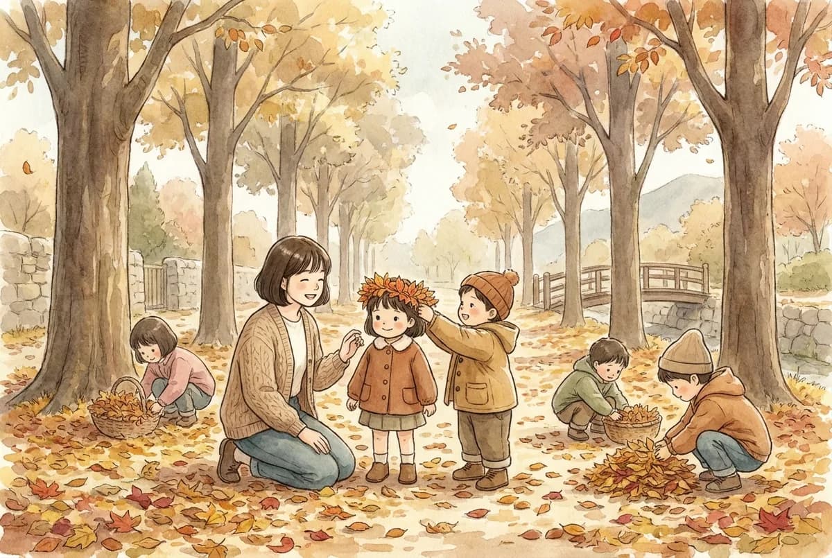 낙엽 길에서 나뭇잎 왕관을 씌워 주는 가을 공원 (AI로 만든 그림)