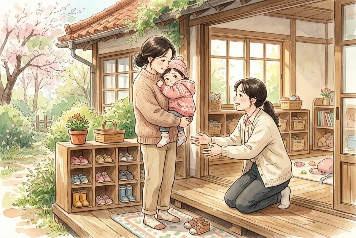 봄 아침 어린이집 현관 앞에서 엄마 품에 안긴 만 1세 아이에게 선생님이 무릎을 굽혀 두 팔을 내미는 모습 (AI로 만든 그림)