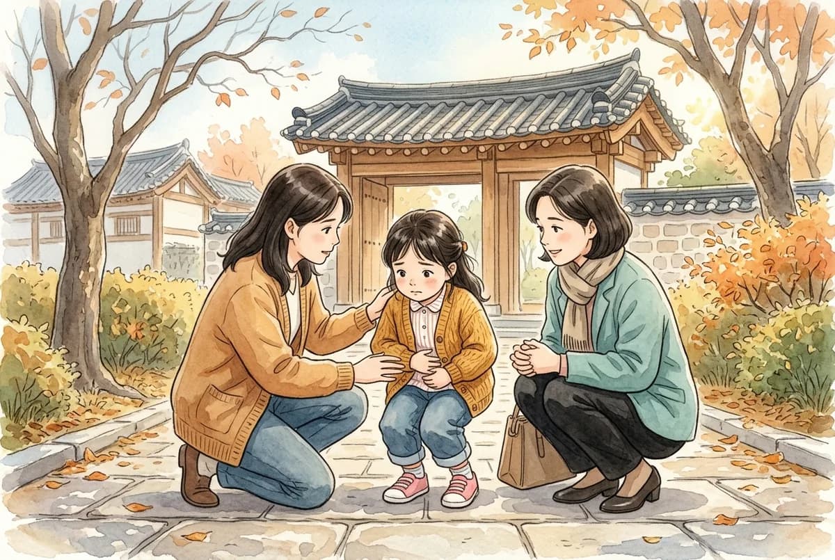 초겨울 아침 유치원 현관에서 배를 감싸 쥐고 쪼그려 앉은 만 5세 아이를 엄마와 선생님이 양옆에서 몸을 낮춰 살피는 모습 (AI로 만든 그림)