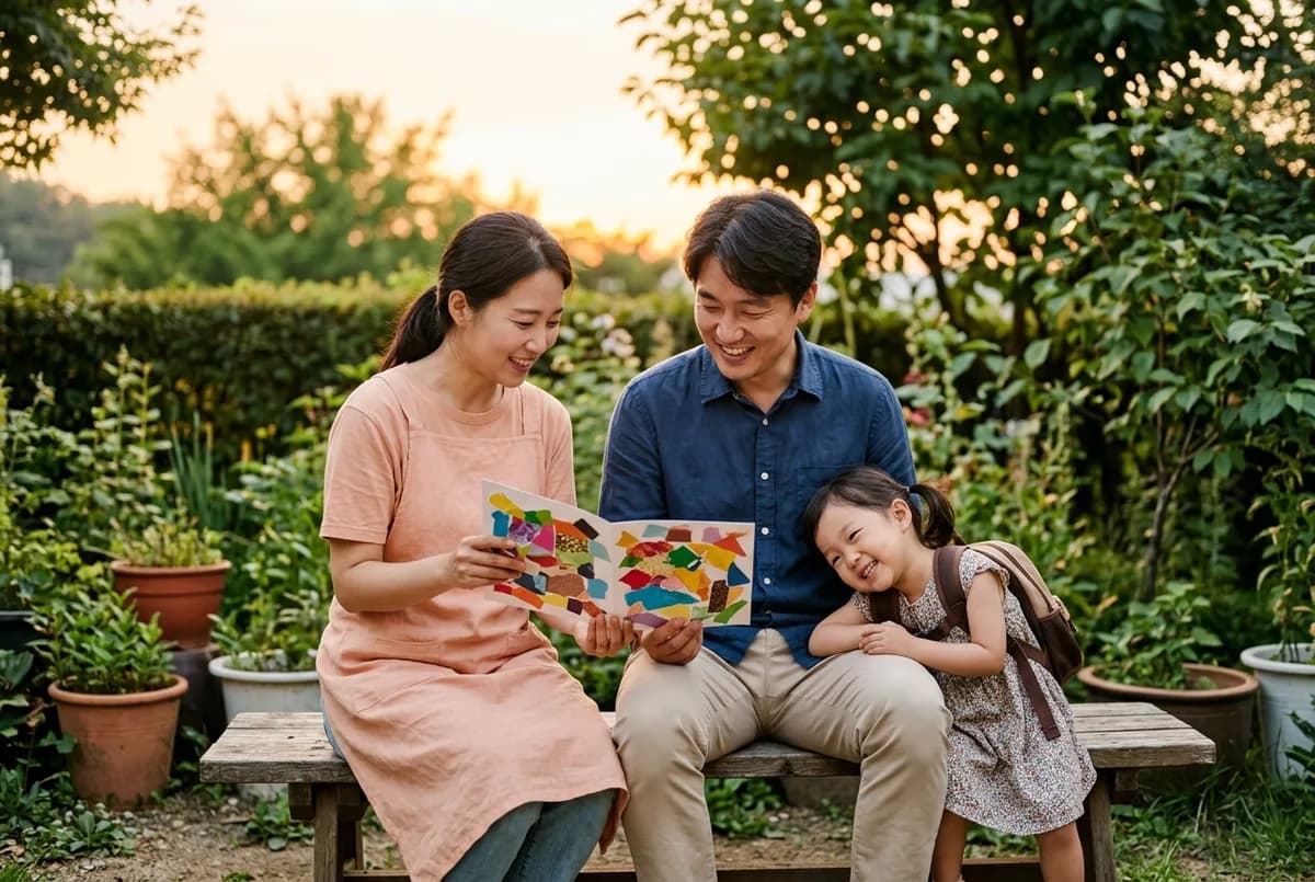 하원 시간 현관 벤치에서 선생님과 아빠가 아이 작품을 함께 보는 장면 (AI로 만든 연출 사진)