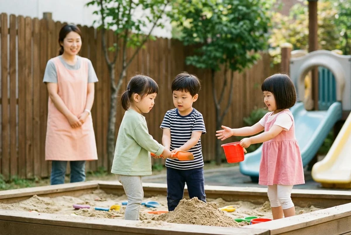 모래놀이터에서 한 아이가 친구들에게 양동이를 내밀며 함께 놀자고 하는 장면 (AI로 만든 연출 사진)