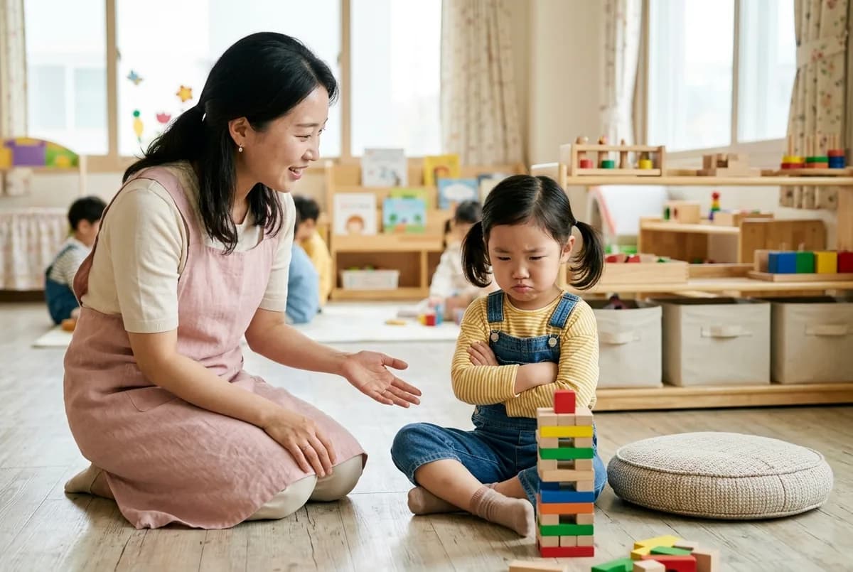 토라진 아이 앞에서 선생님이 무릎을 꿇고 눈높이를 맞춰 이야기하는 장면 (AI로 만든 연출 사진)