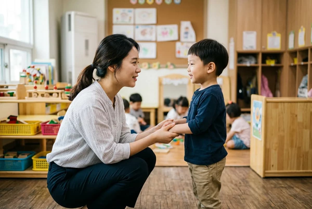 보육실에서 선생님이 무릎을 굽혀 아이 눈높이로 앉아 남자아이의 두 손을 잡고 눈을 맞추는 모습 (AI로 만든 연출 사진)