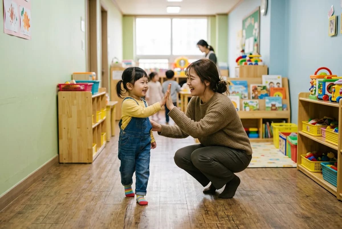 보육실 복도에서 멜빵바지를 입은 여자아이와 쪼그려 앉은 선생님이 웃으며 손바닥을 마주치는 장면 (AI로 만든 연출 사진)