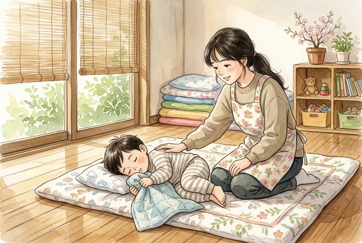 블라인드 틈으로 빛이 드는 낮잠 방에서 선생님이 아이 등을 토닥이고 아이는 작은 담요 귀퉁이를 쥔 모습 (AI로 만든 그림)