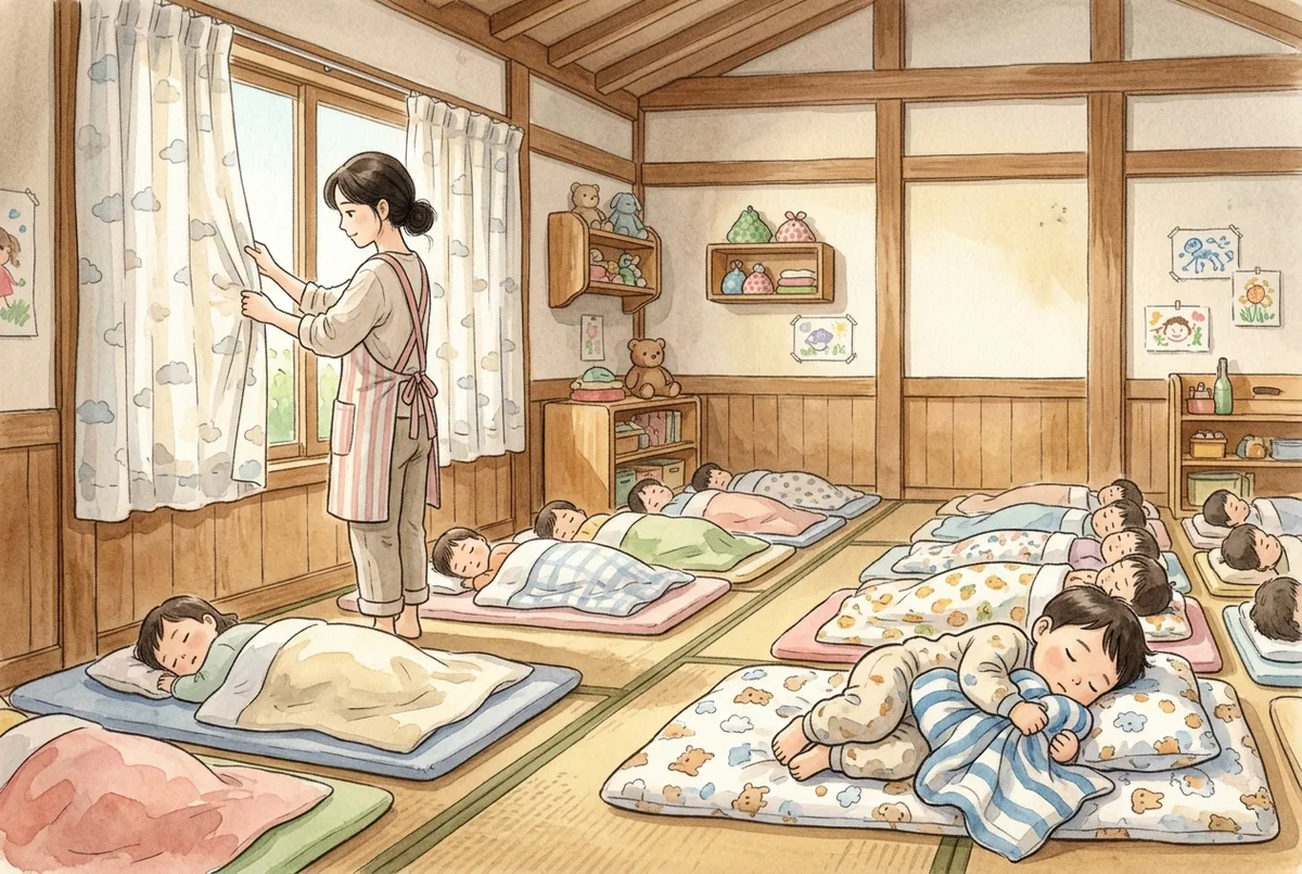 담요를 끌어안고 곤히 잠든 아이와 조용히 커튼을 고쳐 치는 선생님이 있는 늦봄 오후의 낮잠 방 (AI로 만든 그림)