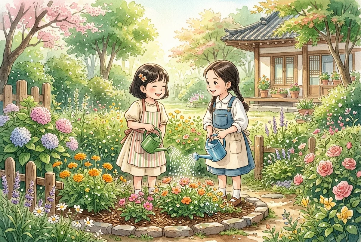유치원 화단에서 물뿌리개를 하나씩 들고 꽃에 물을 주며 마주 보고 웃는 두 아이 (AI로 만든 그림)
