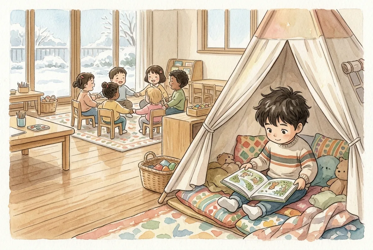 낮은 천막과 쿠션으로 만든 아늑한 구석에서 그림책을 보는 아이와 멀리서 둥글게 모여 노래하는 친구들 (AI로 만든 그림)