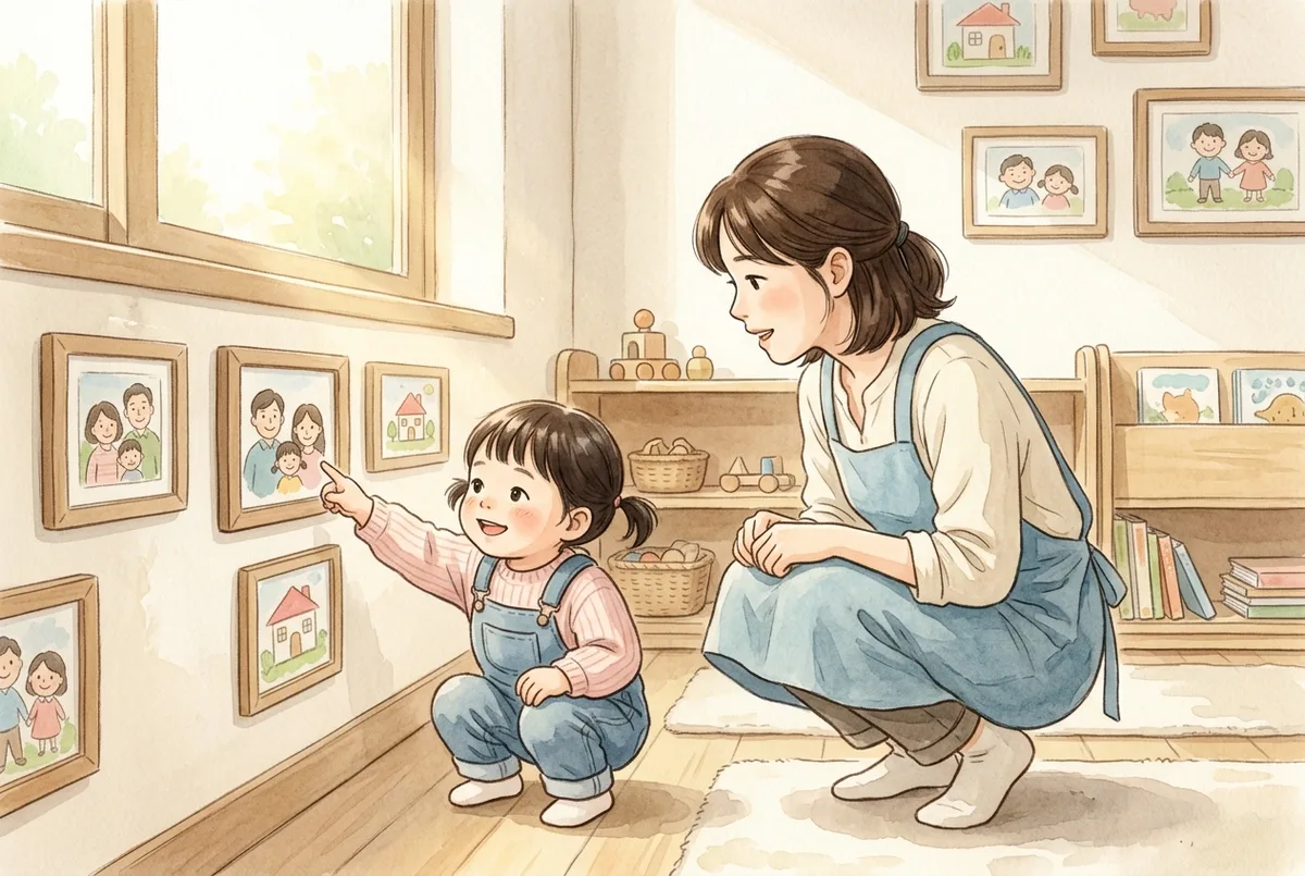 봄볕이 드는 보육실에서 아이가 낮은 벽의 가족사진을 가리키며 웃고 선생님이 옆에 쪼그려 앉은 모습 (AI로 만든 그림)