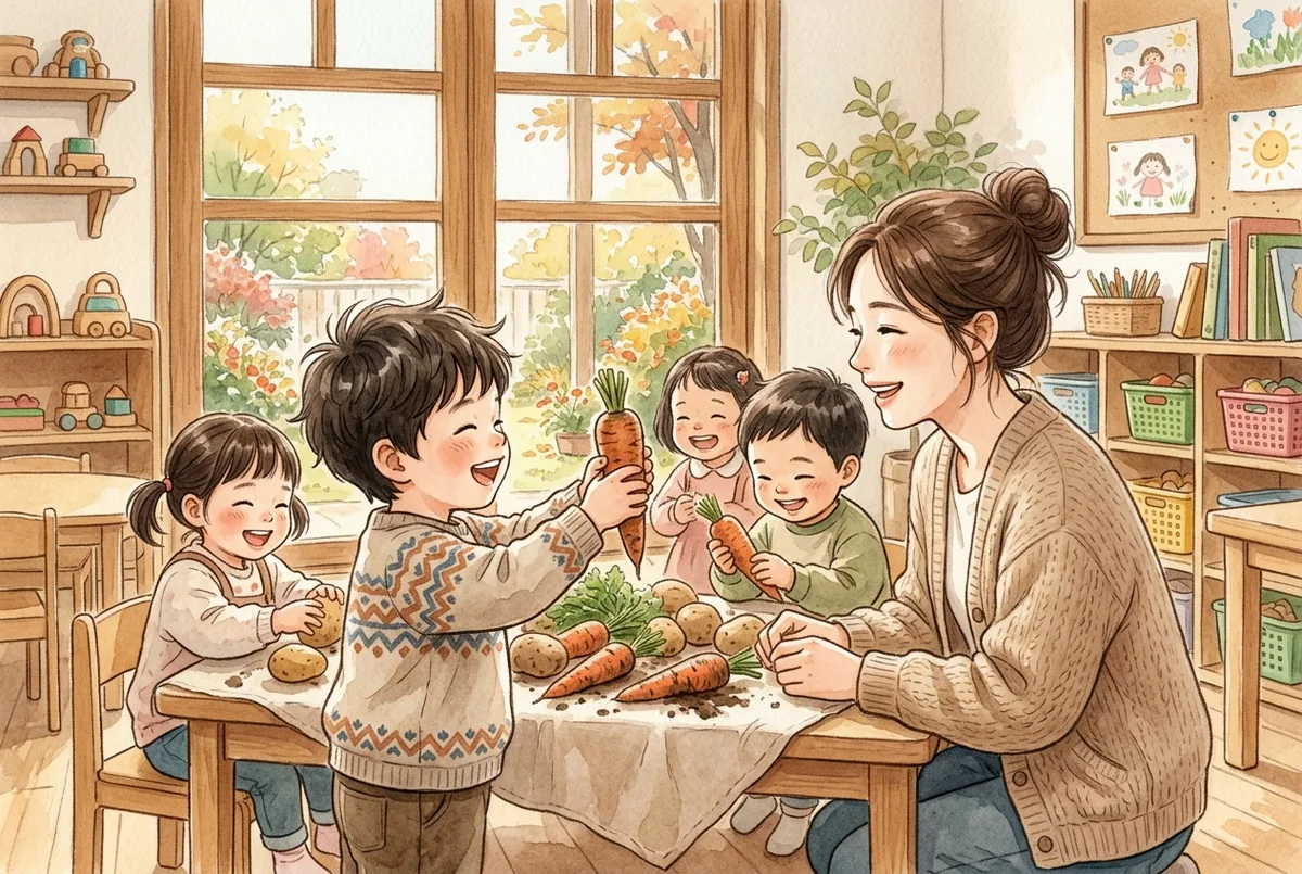 교실 활동 탁자에서 당근과 감자를 만지며 웃는 아이들과 당근을 두 손으로 들어 선생님에게 보여 주는 아이 (AI로 만든 그림)