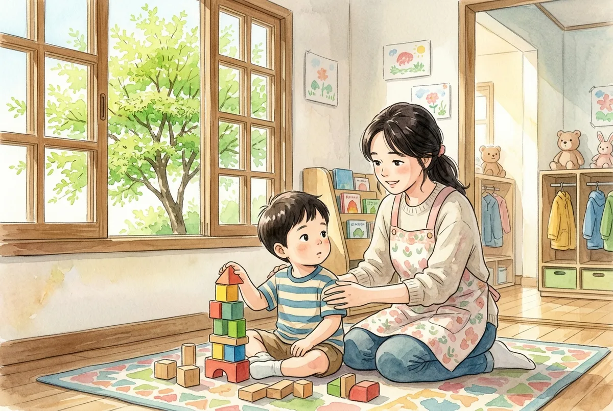 놀이방 창가에서 블록을 쌓던 아이가 문 쪽을 돌아보고 선생님이 곁에 앉아 등을 감싸는 모습 (AI로 만든 그림)