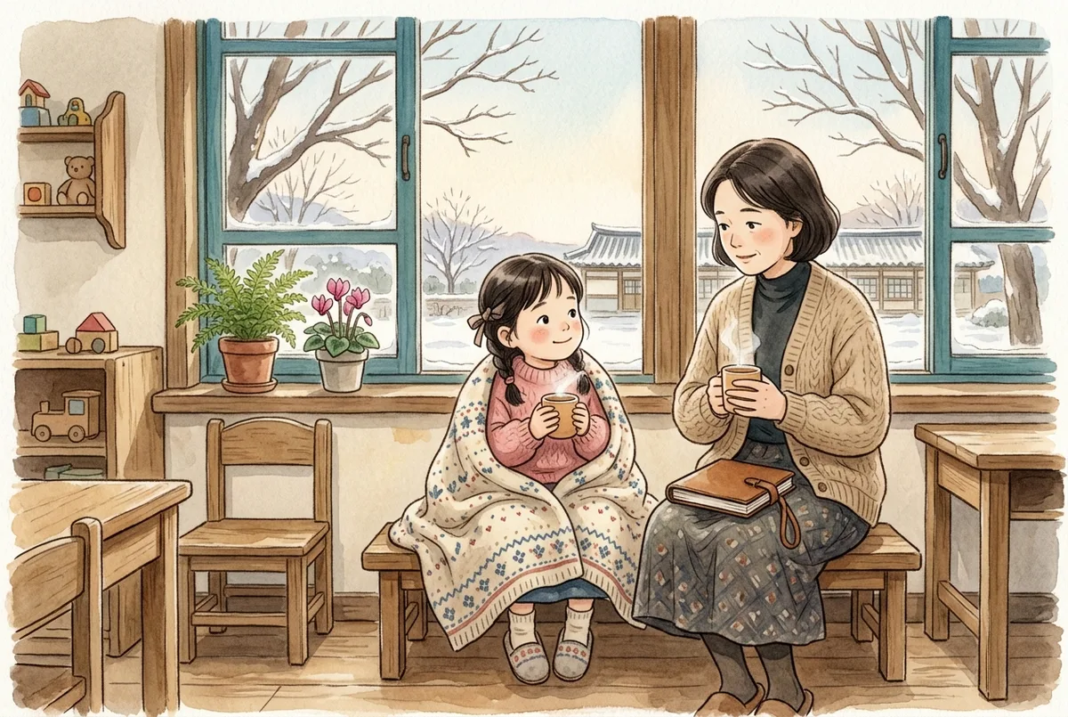 교실 창가에서 담요를 덮고 선생님 곁에 앉아 따뜻한 물컵을 두 손으로 감싼 아이와 선생님 무릎의 기록 수첩 (AI로 만든 그림)