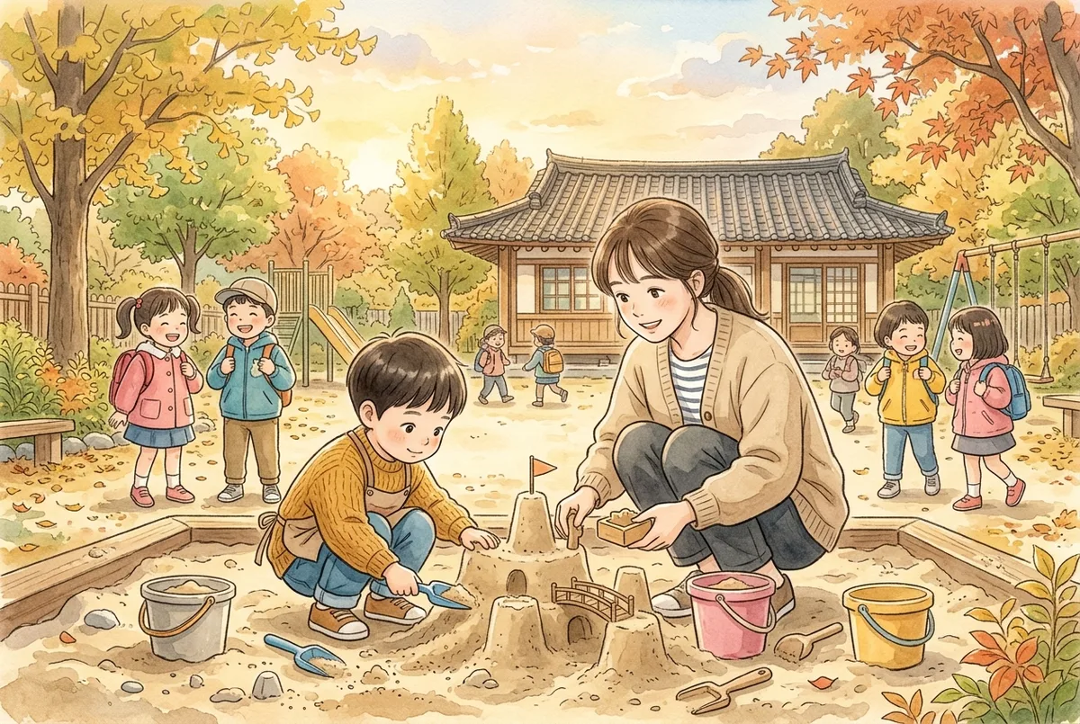 원 마당 모래놀이터에서 나란히 쪼그려 앉아 모래성을 쌓는 아이와 선생님, 뒤에서 바라보는 다른 아이들 (AI로 만든 그림)