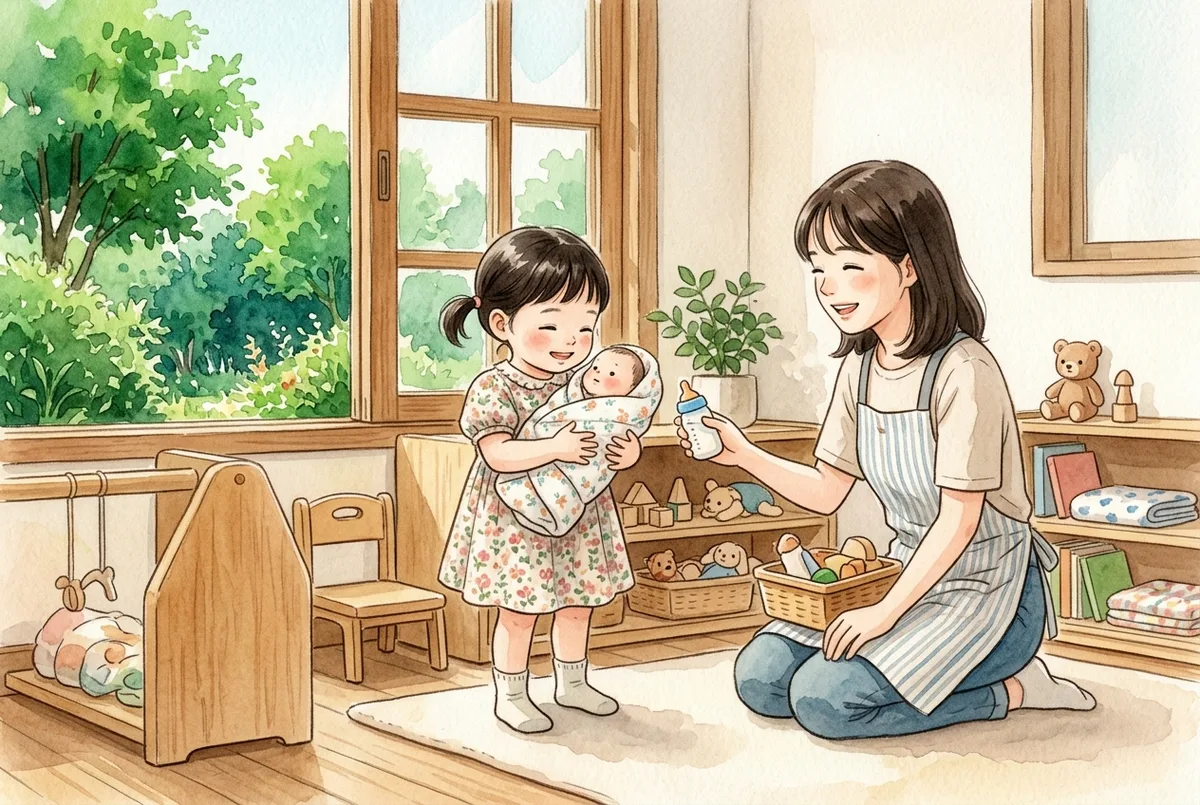 보육실 소꿉놀이 구석에서 아기 인형을 포대기에 싸 안은 아이에게 선생님이 장난감 우유병을 건네는 모습 (AI로 만든 그림)