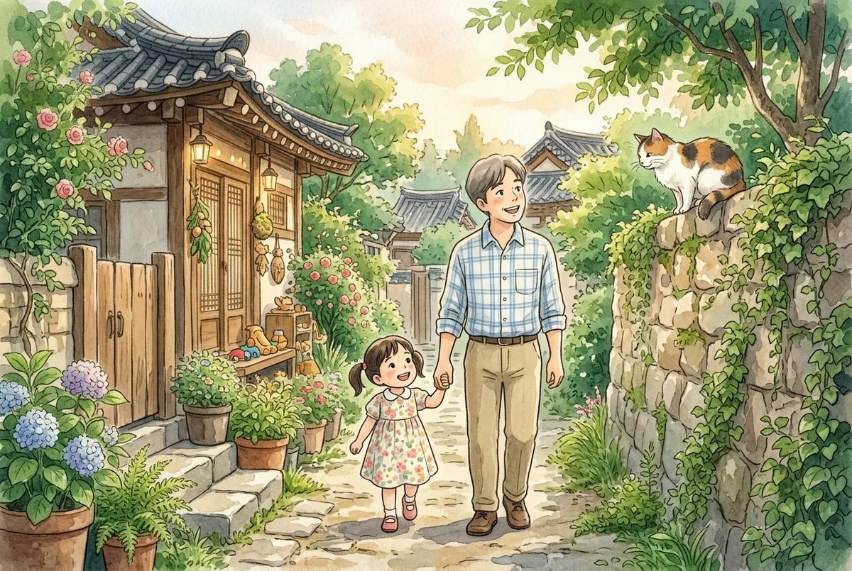 이른 여름 아침 원 앞 골목길에서 손을 잡고 담장 위 고양이를 올려다보는 아빠와 아이 (AI로 만든 그림)